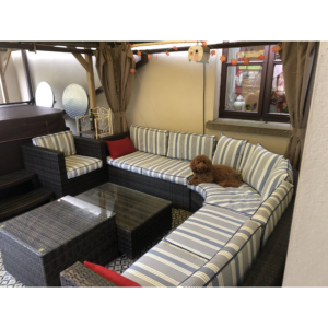 Cushion covers for outdoor seating.