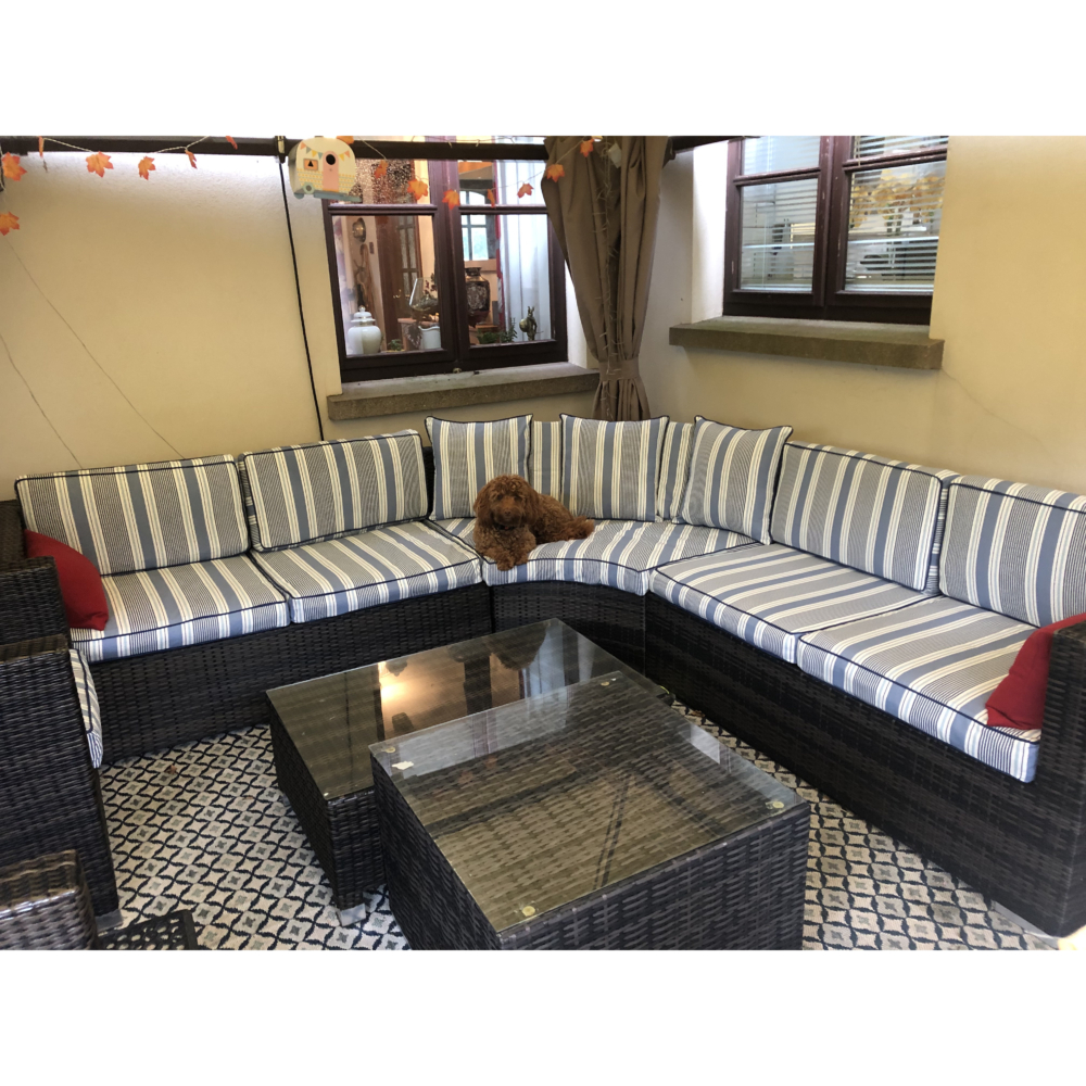 Cushion covers for outdoor seating.