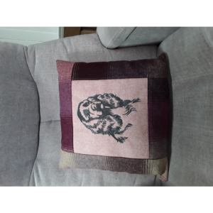 Patchwork tweed cushion with spaniel embroidery
