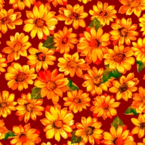 Autumn Bounty Tossed Sunflowers on Wine Fabric