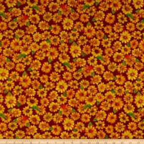 Autumn Bounty Tossed Sunflowers on Wine Fabric