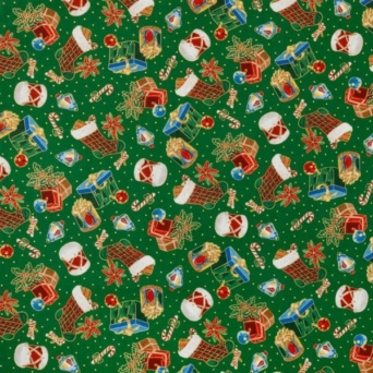 Christmas Eve Presents & Stockings on Green Fabric