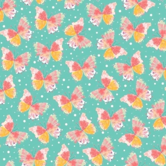 Confetti Blossoms Multi Butterflies on Dark Seafoam Fabric