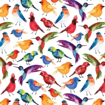 Conservatory Digital Birds Multi on White Fabric