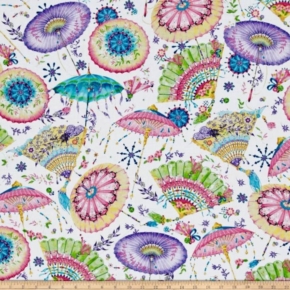 Fanfare Multi Fans & Parasols on White Fabric