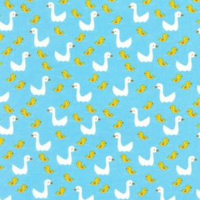 Farm Ducks & Ducklings on Water Blue Fabric