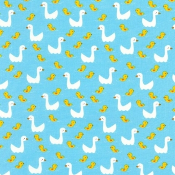 Farm Ducks & Ducklings on Water Blue Fabric