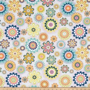 Floral Pinwheel Medallions on Sky Blue Fabric