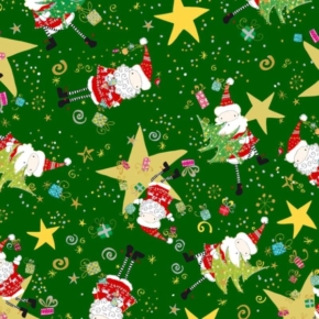 Happy Christmas Santa & Stars on Forest Fabric