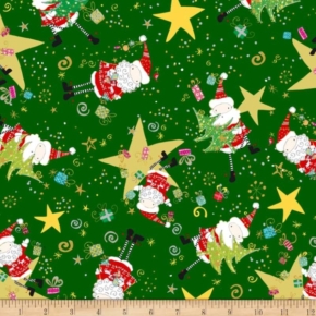Happy Christmas Santa & Stars on Forest Fabric