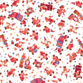 Holiday Minis Santas & Presents on White Fabric