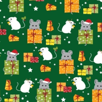 Meowy Christmas Multi Mice & Gifts on Green Fabric