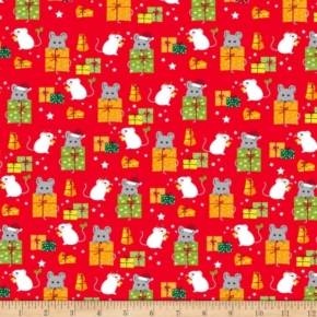 Meowy Christmas Multi Mice & Gifts on Red Fabric