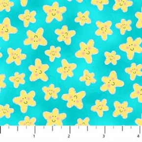 Mermaid Wishes Happy Glitter Starfish on Blue Fabric