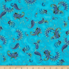 Metallic Tossed Paisley Feathers on Turquoise Fabric