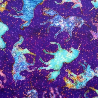 Mystical Pastel Unicorns on Purple Fabric