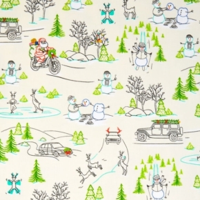 Naughty or Nice? Silly Christmas Scenic Ecru Fabric