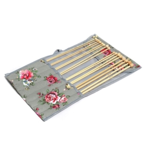 Pink & Yellow Floral on Grey Bamboo Knitting Pin Set Filled