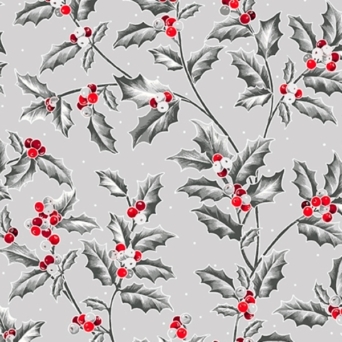 Pretty Poinsettias Holly Vine on Grey Fabric