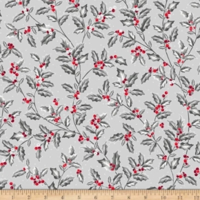 Pretty Poinsettias Holly Vine on Grey Fabric