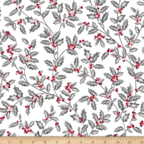 Pretty Poinsettias Holly Vine on White Fabric