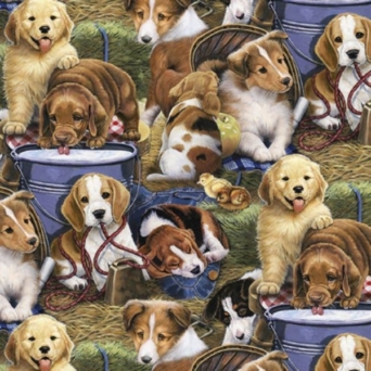 Puppies In The Barn Fabric