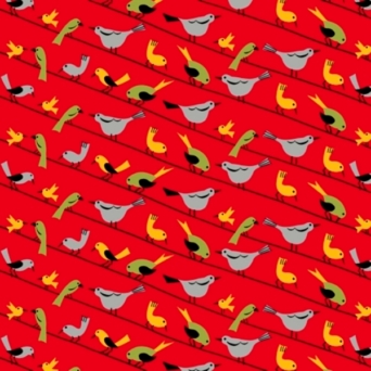 Retro Minis Birds on a Wire on Red Fabric