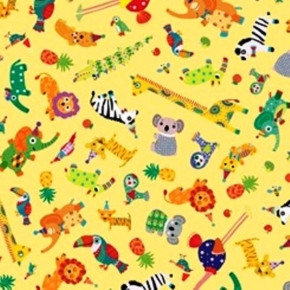 Safari in The Sky Tossed Animals on Yellow Fabric