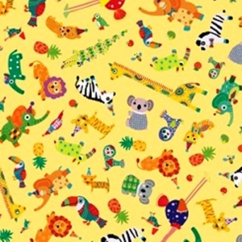 Safari in The Sky Tossed Animals on Yellow Fabric
