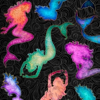 Sea Serenade Multi Tossed Mermaids on Black Fabric