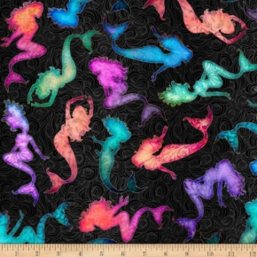 Sea Serenade Multi Tossed Mermaids on Black Fabric
