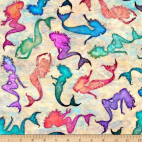 Sea Serenade Multi Tossed Mermaids on Cream Fabric