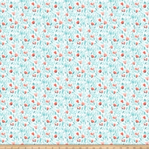 Sew Sweet Coral & Turquoise Floral on White Fabric