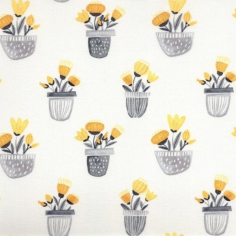 Sew Sweet Yellow & Grey Floral in Pots on White Fabric