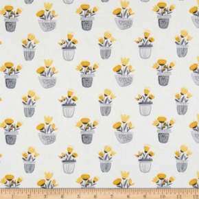 Sew Sweet Yellow & Grey Floral in Pots on White Fabric