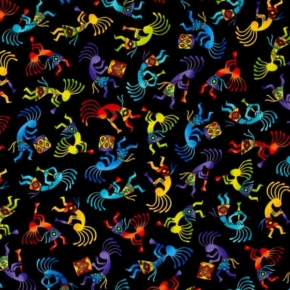 Southwest Aztec Kokopelli Dancers on Black Fabric