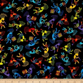 Southwest Aztec Kokopelli Dancers on Black Fabric