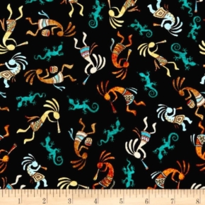 Southwest Soul Kokopelli Dancers on Black Fabric