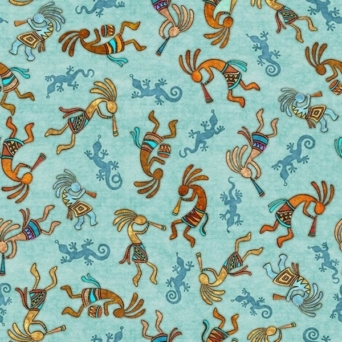 Southwest Soul Kokopelli Dancers on Turquoise Fabric