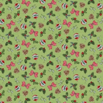 Spruce Mountain Christmas Decorations on Lime Fabric