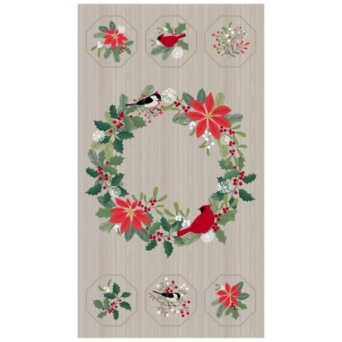 Swedish Christmas Birds & Wreath on Light Grey Fabric Panel