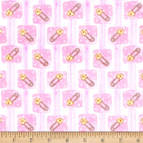 Sweet Safety Pins on Pink Flannel Fabric