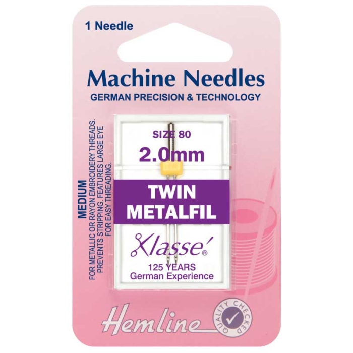 Hemline Sewing Machine Needles: Metalfil Twin: 80/12, 2mm: 1 Piece