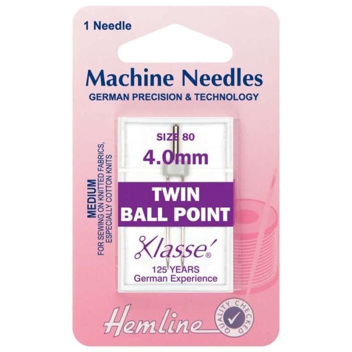 Hemline Sewing Machine Needles: Twin Ball Point: 80/12, 4mm: 1 Piece