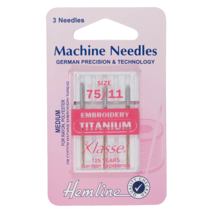 Hemline Sewing Machine Needles: Titanium: Embroidery: 75/11: 3 Pieces