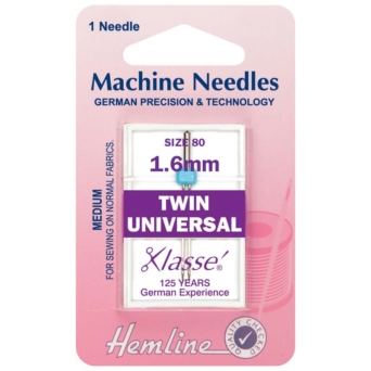 Hemline Sewing Machine Needles: Twin Universal: 80/12, 1.6mm: 1 Piece