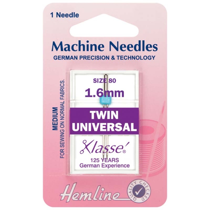 Hemline Sewing Machine Needles: Twin Universal: 80/12, 1.6mm: 1 Piece