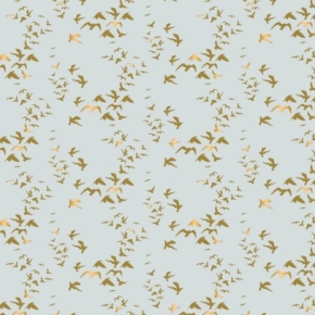 Up, Up & Away Metallic Gold Birds on Blue Fabric