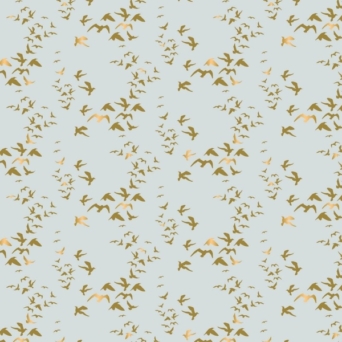 Up, Up & Away Metallic Gold Birds on Blue Fabric