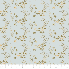 Up, Up & Away Metallic Gold Birds on Blue Fabric